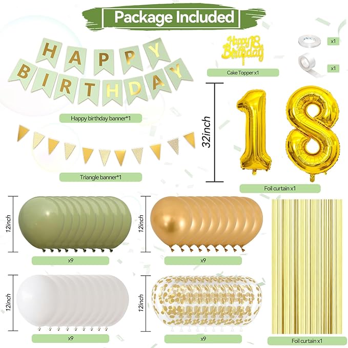 18th Birthday Decorations For Boys Girls, Sage Green Happy Birthday Party Decoration With Number 18 Balloons Gold Confetti Balloons Fringe Curtain Banner Cake Topper For 18th Party Supplies