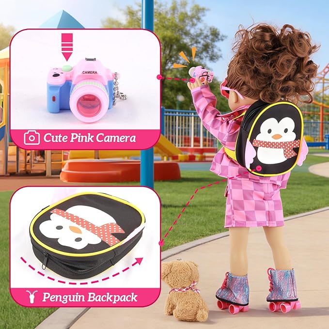 American 18 Inch Doll Clothes & Accessories Set – Includes Pink Plaid Coat, Heart T-Shirt, Skating Shoes, Pet Dog, Penguin Backpack, Camera, Glasses & More – Perfect for 18" Dolls (No Doll)