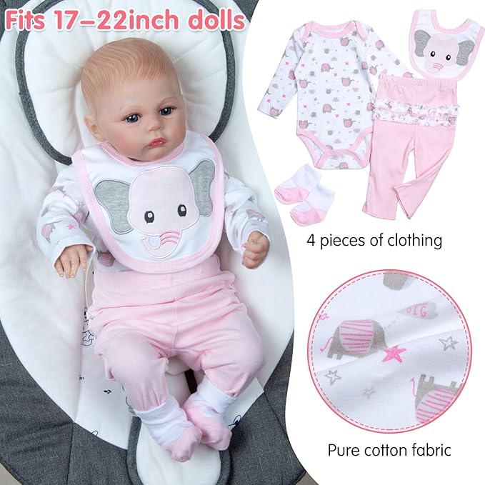 Reborn Baby Doll Clothes 18-22 Inch Pink Elephant Newborn Reborn Baby Clothes with Bassinet 20 inch Doll Accessories 12 Pcs Outfits