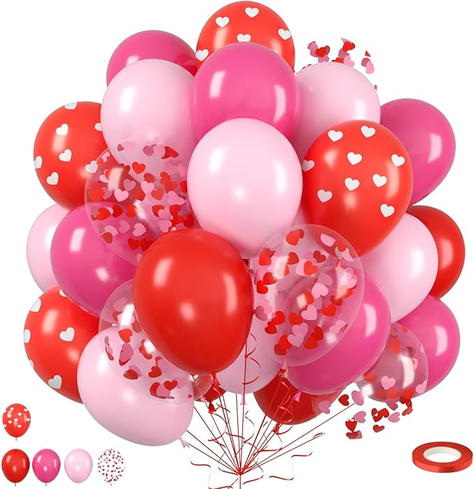 Red and Pink Balloons, Valentine's Day Balloon with Red Pink Heart Printed Confetti Latex Balloons For Valentine Party Birthday Baby Shower Party Wedding Bridal Anniversary Engagement Decorations