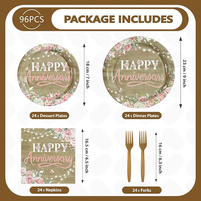 96Pcs Happy Anniversary Party Decorations Rustic Pink Floral Happy Anniversary Plates and Napkins Wooden Cheers to Marriage Decoration for 40th 50th Wedding Commemoration Day Party Supplies Serves 24
