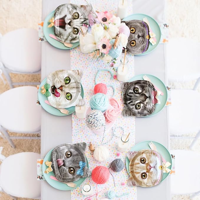 60 Pcs Real Cat Birthday Party Paper Plates, Cute Cat Pattern Plates for Pet Birthday Decorations Cat Theme Party Supplies Baby Shower