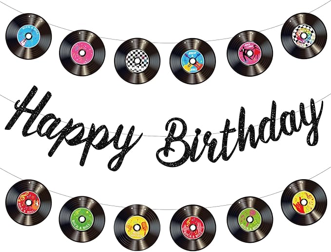 3 Pcs Rock and Roll Birthday Party Decorations - Vinyl Records Birthday Banners, Retro Glitter Vinyl Record Banner Garland for 50s 60s 70s Rock and Roll Music Theme Party Decorations Supplies