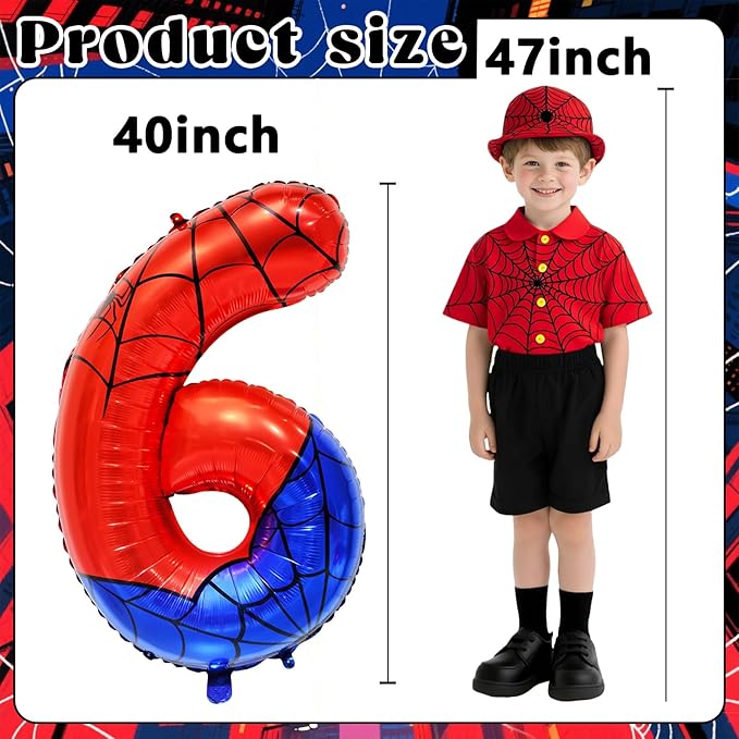 Spider Web Number 6 Balloon Birthday Decoration, Superhero Themed 40in Giant Mylar Number Party Supplies
