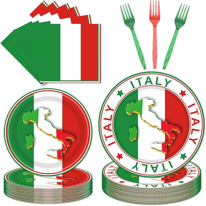 96 Pcs Italian Party Decorations, Italian Flag Plates and Napkins Party Supplies, Italian Theme Tableware Set, Red White and Green Party Decors Favors Disposable Dinnerware Serve 24 Guests