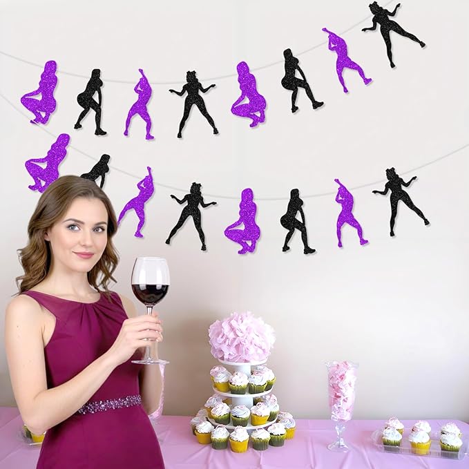 Cheereveal 2 Pack Twerk Garlands Purple and Black for Girls Woman, Pole Dance Glitter Banner Decorations, Funny Stripper Theme Bachelorette Birthday Bridal Shower Engagement Party Supplies