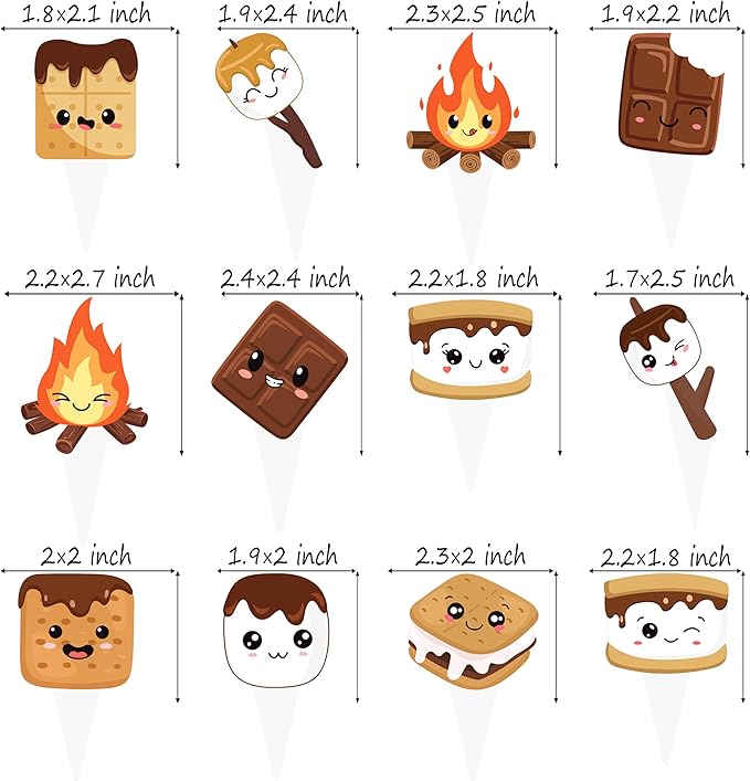 S'more Party Cupcake Toppers 48pcs S'more Birthday Party Decoration Bonfire Camping Cake Cupcake Pick Decorations for S'more Themed Camping Campfire Camper Birthday Party Supplies