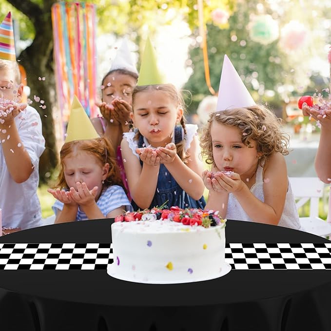 Oudain 3 Pcs Cars Birthday Party Supplies Racing Party Decorations Round Racing Tablecloth Checkered Flag Table Covers Road Plastic Table Cloth, 1950s Disco Dancing Party Tablecloth (Black)