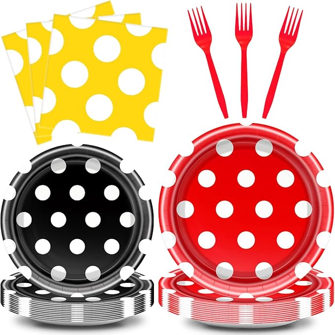 Red And Yellow Polka Dots Party Paper Plates and Napkins Set Polka Dots Party Cake Dessert Plates Kids Birthday Gatherings Decorations