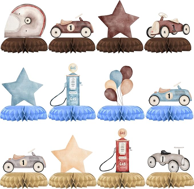Vintage Race Car 1st Birthday Honeycomb Centerpieces 12 Pack, Race Car First Birthday Decorations, Boy First Birthday Race Car Theme Party Table Centerpieces, Retro Racing Party Supplies