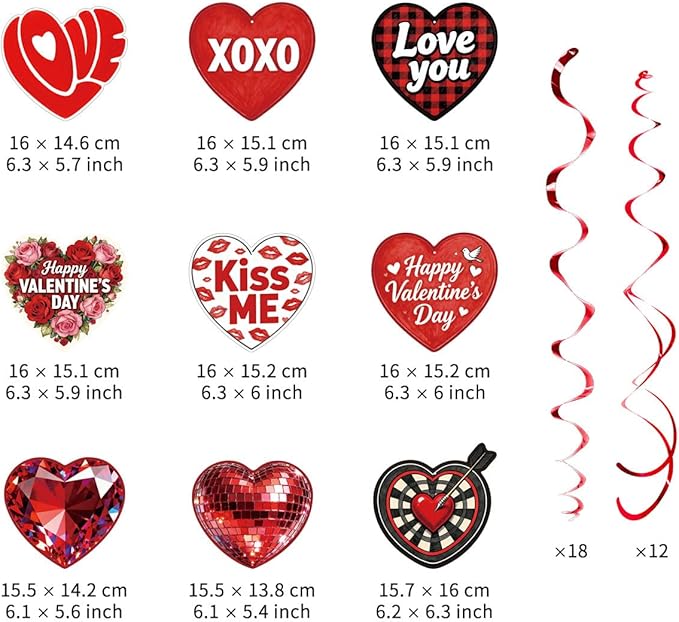 48 Pcs Red Heart Hanging Decor Set with Diamond, Disco Ball, Dartboard & XOXO Designs – Romantic Swirl Streamers for Valentine's Party, Anniversary, Holiday Celebration