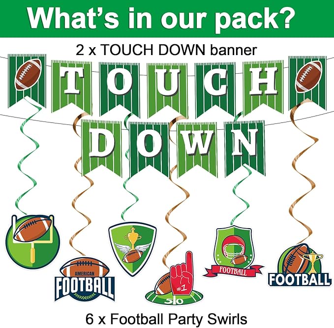Qyeahkj 184pcs Football Party Supplies Decorations Set Serves 25 Includes Plates Napkins Cups Tablecloth Hanging Swirls Banner Tableware Kit for Football Game Party Decorations Favors