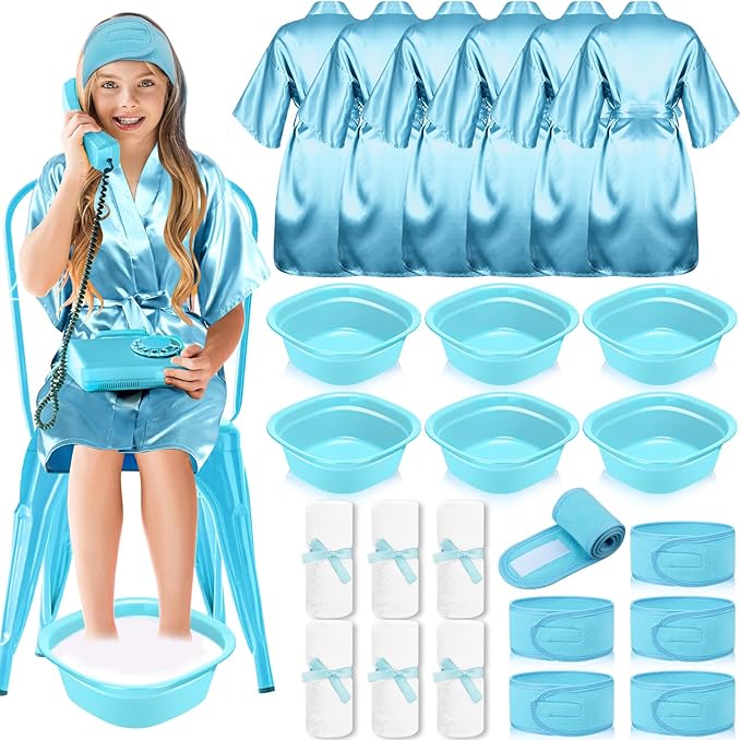 24 Pcs Kids Spa Party Supplies Includes 6 Spa Party Robes 6 Basins 6 Makeup Headband 6 Towels for Sleepover Bath (Blue)