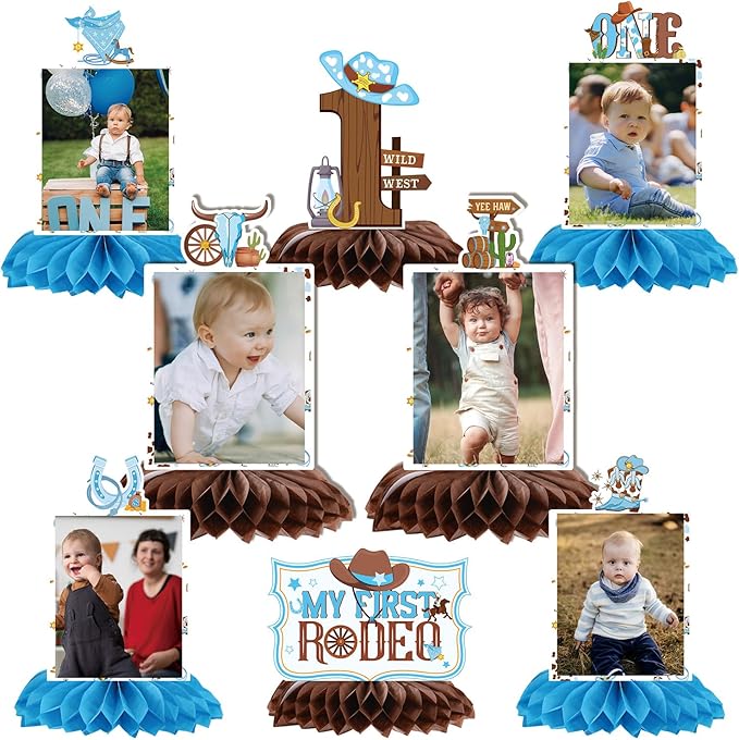 Gameza My First Rodeo Decorations Boy - 8PCS Cowboy Party Decoration 1st Happy Birthday Decor Honeycomb Centerpieces Western Rodeo Themed Party Supplies Photo Table Centerpiece Supplies for Baby Boys