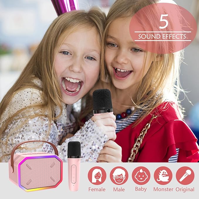 Karaoke Machine for Kids, Portable Bluetooth Speakers with Wireless Microphone Karaoke for Kids and Adults with LED Lights, Gifts for Girls and Boys Birthday Home Party - Pink