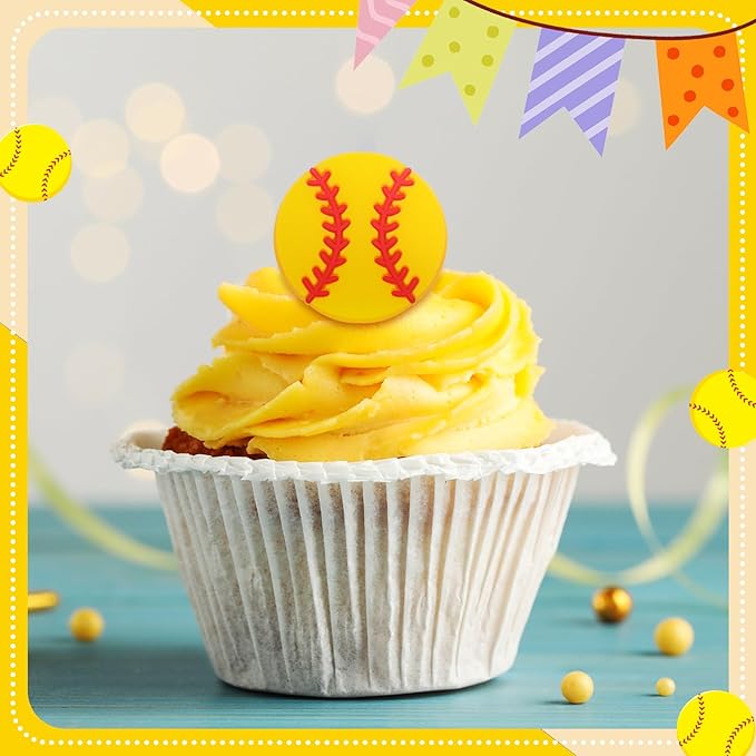 Honeydak 48 Pcs Softball Cupcake Rings Toppers Decoration Sport Ball Theme Cake Picks Softball Party Decoration Sport Cupcake Toppers Rings for Birthday Party Supplies