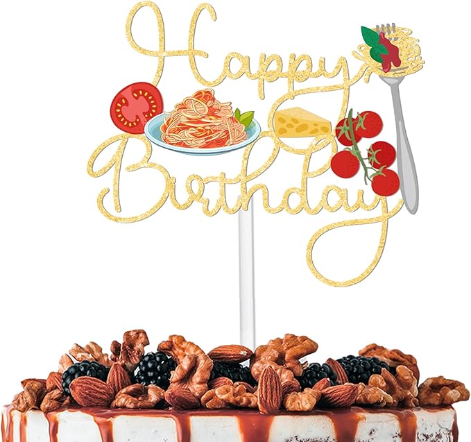 Gold Glitter Happy Birthday Pasta Cake Topper Cheer to Food Spaghetti Theme Party Decoration Supplies Men Women Happy Birthday Anniversary Wedding Party Decor Supplies