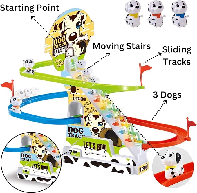 Dalmatian Racer Climbing Stairs Slide Toy - Spotty Dog Race Track Puppy Chasing Roller Coaster Game Set with LED Lights and Music for Toddlers, Kids