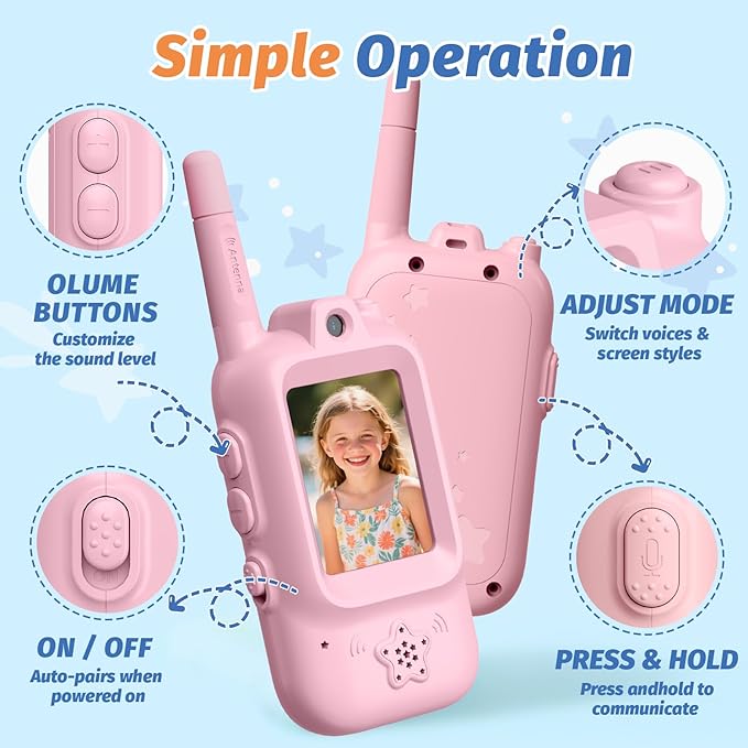 Walkie Talkies for Kids with Real-Time Video Chat, 2 Pack Rechargeable Two-Way Radios, Long Range & Voice Changer, Indoor Outdoor Adventure Toys for Boys Girls Age 3-12 (Cloud Blue & Sakura Pink)