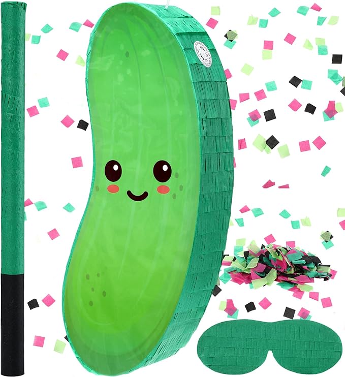 Pickle Piñata for Kids Birthday Party 15.7 x 6.7 x 2.8 Inches Cucumber Theme Piñata with Bat Blindfold and Confetti for Baby Shower Photo Props Cinco De Mayo Fiesta Decoration