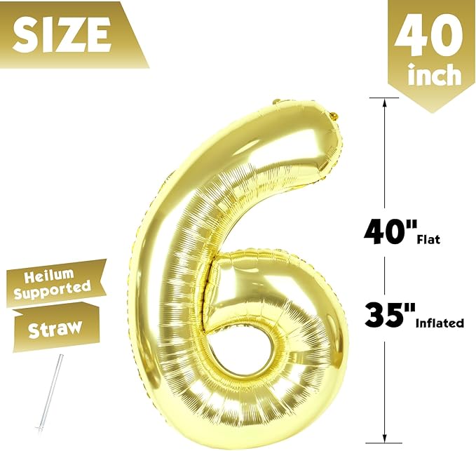 40 Inch Champagne Gold Number 6 Balloon, Giant 6 Number Balloons for 6th Birthday Decorations, Party Supplies for Baby Boy Girl, Champagne Gold Party Decor