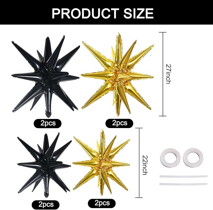 TONIFUL 8 Pcs Black Gold Star Foil Balloons Large Explosion Star Mylar Decorations for Party Backdrop Christmas New Year Birthday Wedding Baby Shower Anniversary Photo Booth Supplies