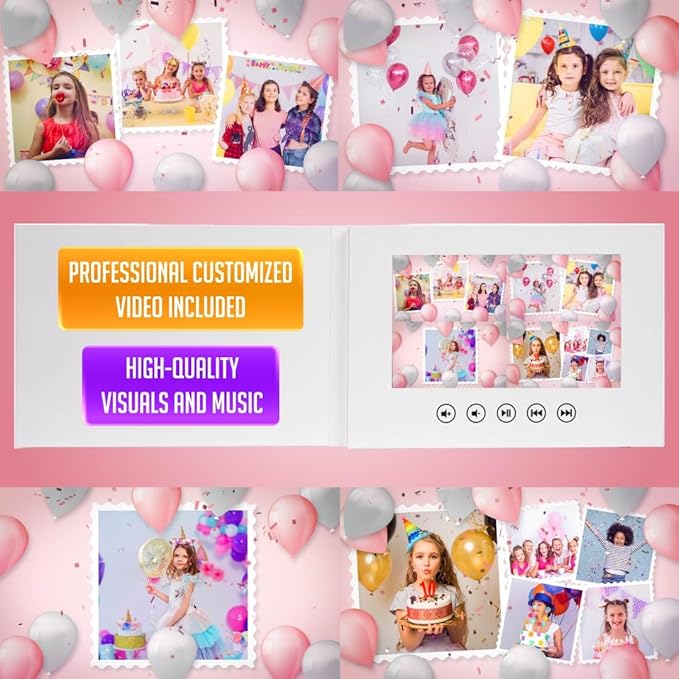 Personalized Girl’s Birthday Video Card – Add Photos – Create Emotional Slideshow Gift – 7” IPS Screen, 4GB Memory, USB Charger Included, Keepsake Album