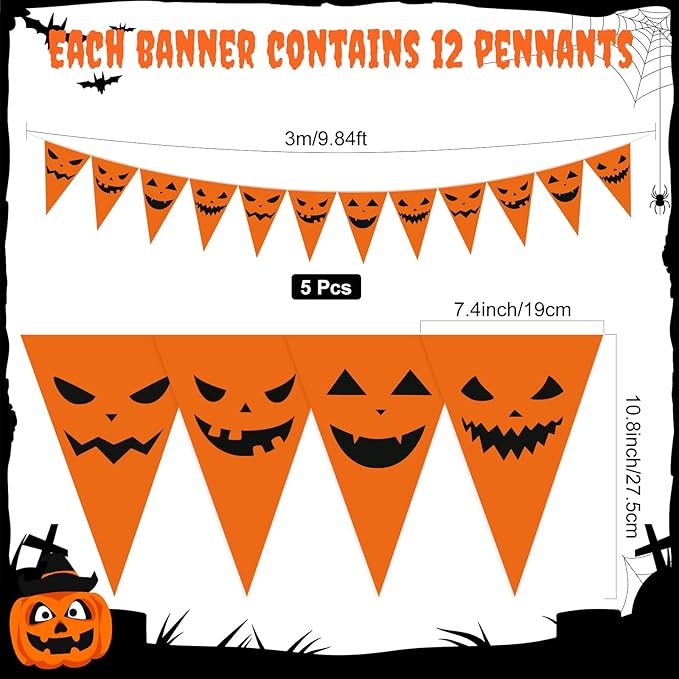 Jetec 5 Pieces 49 Feet Halloween Pumpkin Pennant Banner Party Decorations Spooky Funny Pumpkin Triangle Flags Bunting Banners for Halloween Spooky Birthday Party Decor Indoor Outdoor Supplies