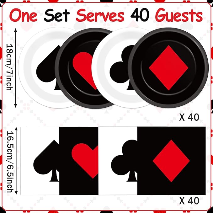 80Pcs Casino Decorations - Paper Plates, Napkins, Disposable Dessert Plates - Poker Party Tableware Set for Game Night, Casino Theme Birthday Party Supplies