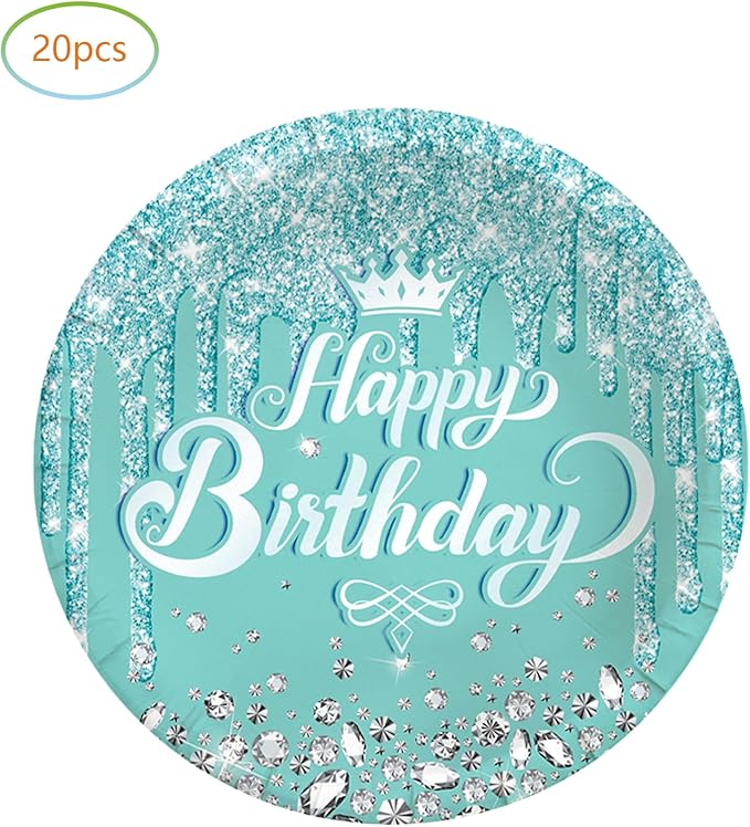 Teal and Silver Birthday Party Supplies, include 20 Plates and 20 Napkins, Teal and Silver Theme Birthday Party Decorations for Kid Girls Women Silver Glitter Party Supplies