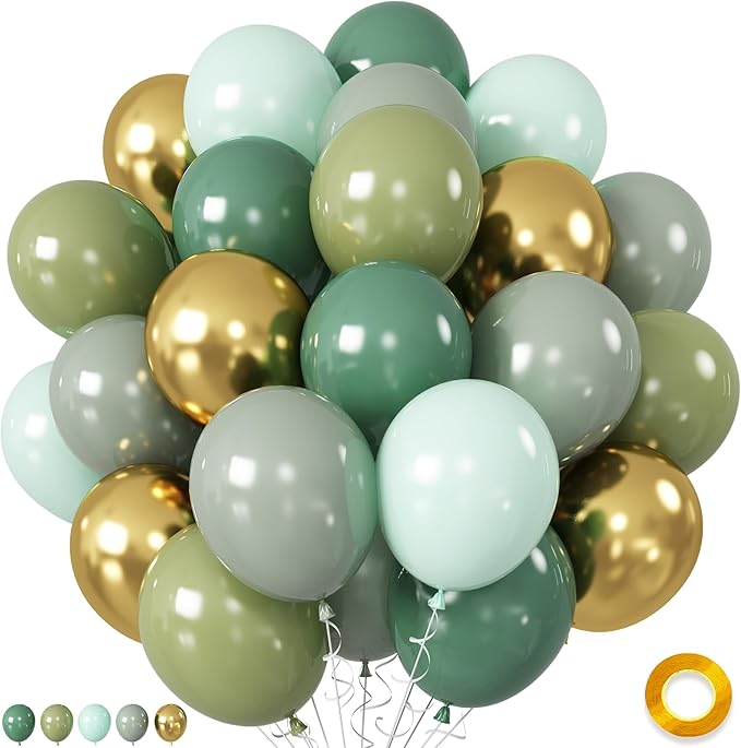 Sage Green and Gold Balloons, Pastel Sage Gold Party Balloons, Eucalyptus Olive Mint Green Biodegradable Balloon for Baby Shower Birthday Engagement Wedding Anniversary Tea Party Round Decorations