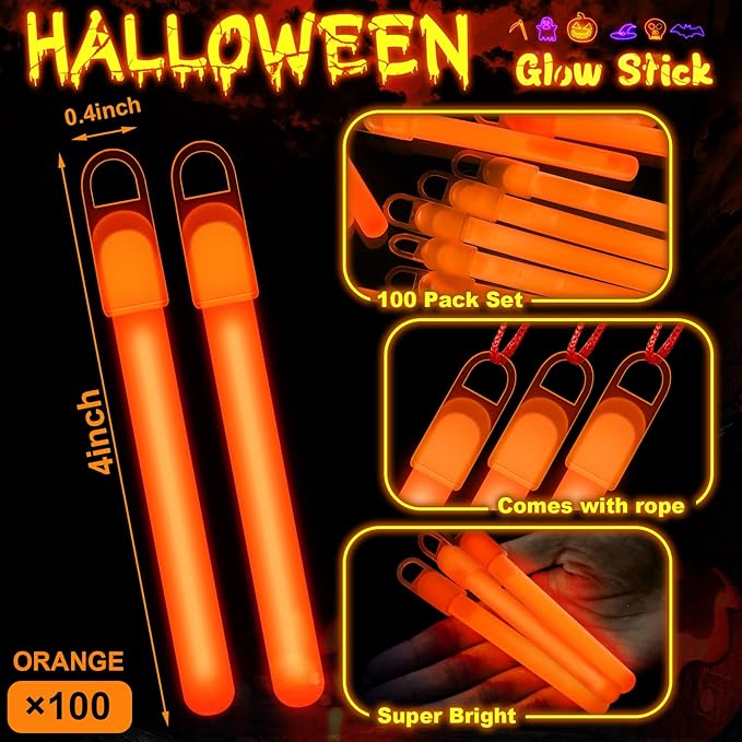Lewtemi 100 Pack 4" or 6" Bright Glow Sticks Bulk, Glow in the Dark Party Supplies Birthday and Holidays (4 Inch,Orange)