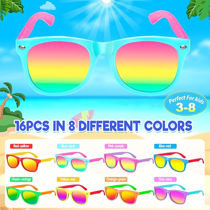 Kids Sunglasses Bulk Party Favors for Kids 4-8 & 3-5, 16 Packs Boys Girls Sunglasses with UV 400 Protection, Neon Toddler Sunglasses for Kids Birthday, Pool Beach Party Favors