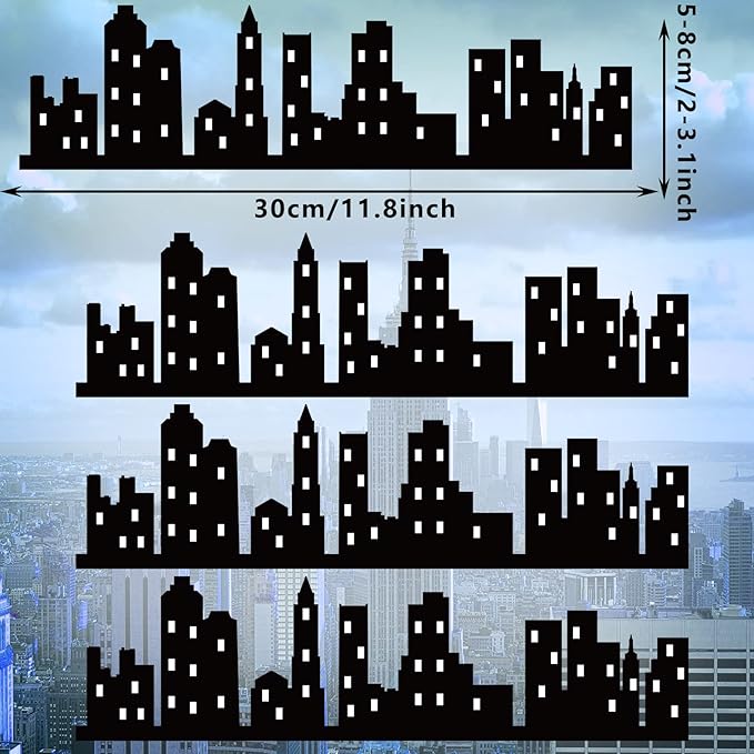 4 Pieces Hero City Cake Border Decoration Black Skyscraper Building Cake Topper Stick on or Lay on Building Images Lighted City Cakes Wrap for Hero Birthday Party Favors Supplies