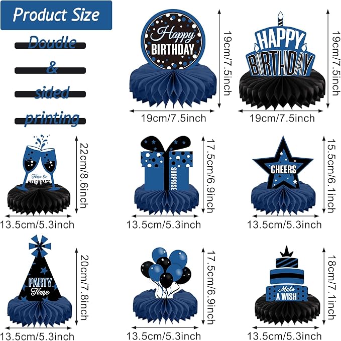 Pajean 8 Pieces Blue and Black Birthday Party Honeycomb Centerpieces Blue Black Table Centerpieces Decorations Table Centerpiece Sign for Kids Adults Party Supplies
