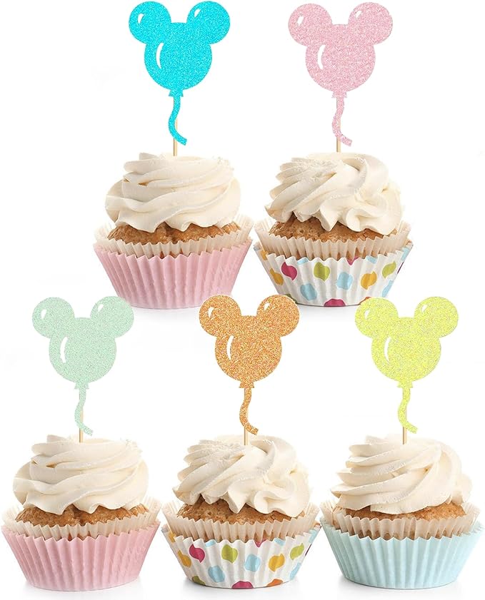 30 Pcs Mouse Inspired Cupcake Toppers Glitter Multiple Colors Mouse Balloon Cake Toppers Decorations for Baby Shower Kids Birthday Party Wedding Anniversary Party Supplies