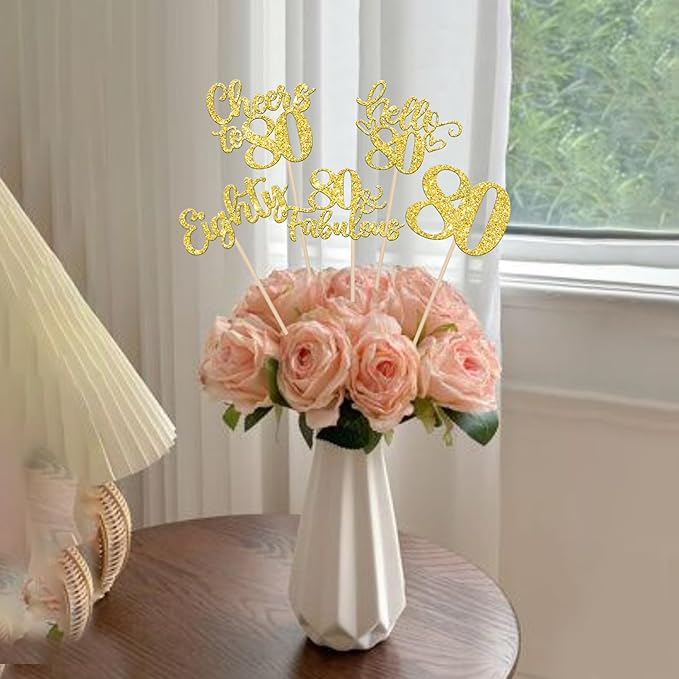 15PCS Happy 80th Birthday Centerpiece Sticks Hello 80 Fabulous Table Flower Centerpieces Sticks Eighteen Cheers to 80 Years Floral Decoration for Happy 80th Birthday Party Centerpieces Sticks Gold