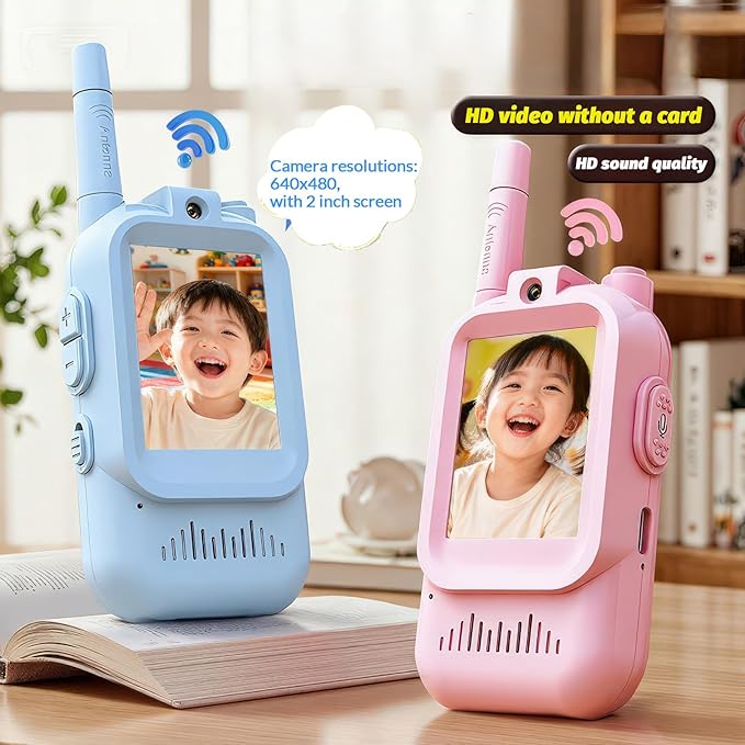 Video Walkie Talkies for Kids - 2 Pack with Real-Time Video & Voice Chat, Fun Voice Changer & Video Effects, Rechargeable, Long Range (500ft), Ideal for Indoor & Outdoor Play(Ages 3-12) (2 Blue)