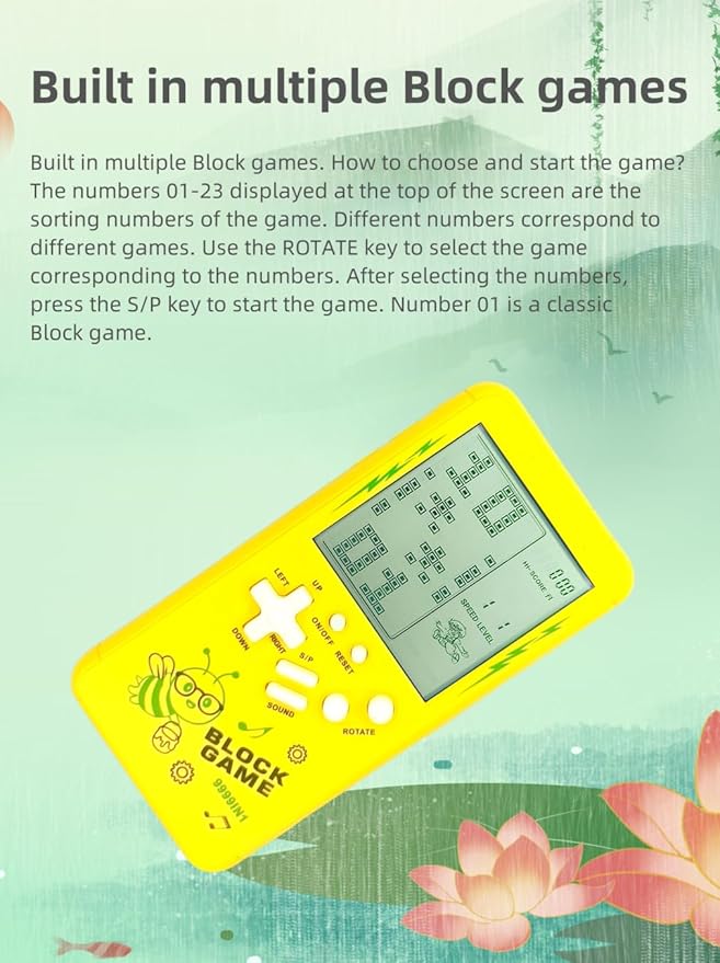 Cute Cartoon Pattern Brick Game Console Built-in Multi-Block Games Racing/Tank Battle Retro Pocket Machine Electronic Game Portable Toys for Children/Adults (Orange)