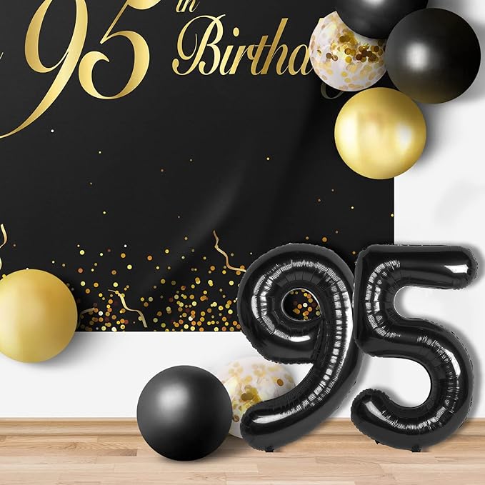 Happy 95th Birthday Balloons Black Set Decor - Cheers to 95 Years Old Party Theme Garland Banner Backdrop Decorations For Women and Men Supplies