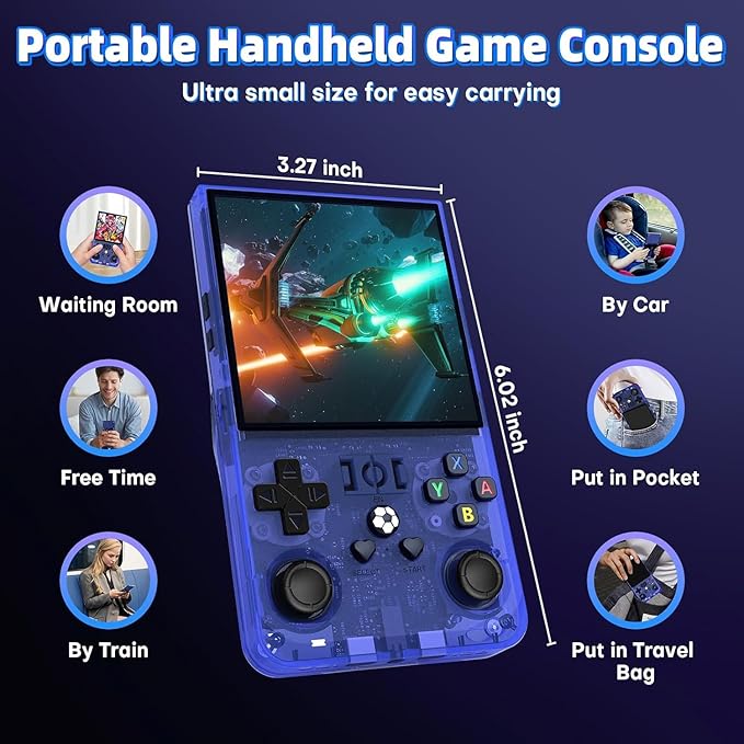 R36 Max Retro Gaming Console, Retro Handheld Console 4.0'' Screen Linux System, 64G TF Card, 4000mAh Rechargeable Portable Pocket Arcade, Transparent Blue