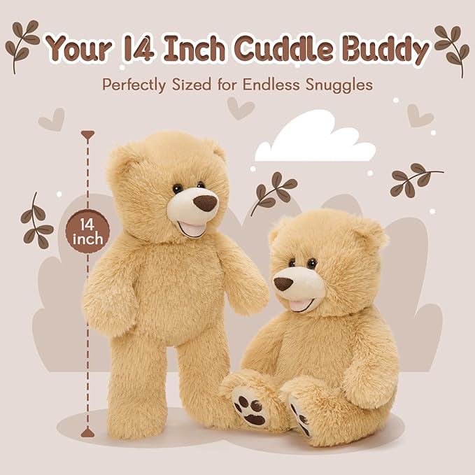 MorisMos Smiling Teddy Bear Stuffed Animals, 13.8 Inch Teddy Bears Baby Shower Decoration Plush, Gifts for Boys Girls Kids, Nursery, Birthday, Party, Brown