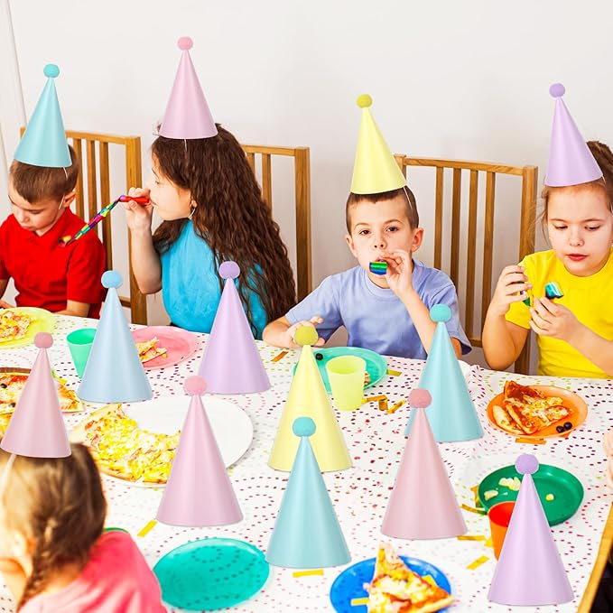 CHUNNIN 48pcs Rainbow Party Hats Pastel Rainbows Birthday Parties Supplies Macaron Cone Hat Happy Birthdays Paper Headwear with Pom Pom for Kids and Adults Baby Shower Bridal Shower Decorations Favors