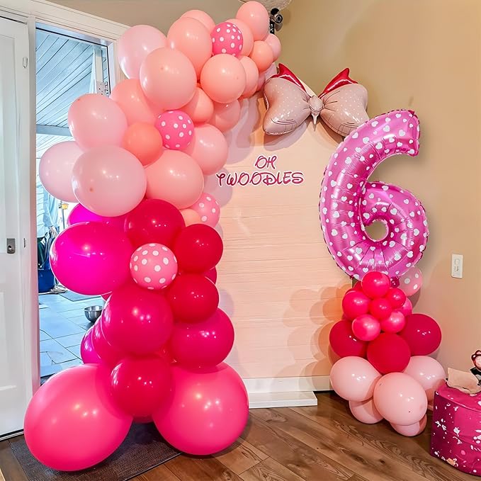 Pink 6th Birthday Balloons Decorations, Hot Pink Rose Polka Dots Balloon Arch Kit, Huge Bow Foil Balloons, pink Number 6 Balloon Tower for Baby Shower Girls Princess 6th Theme Party