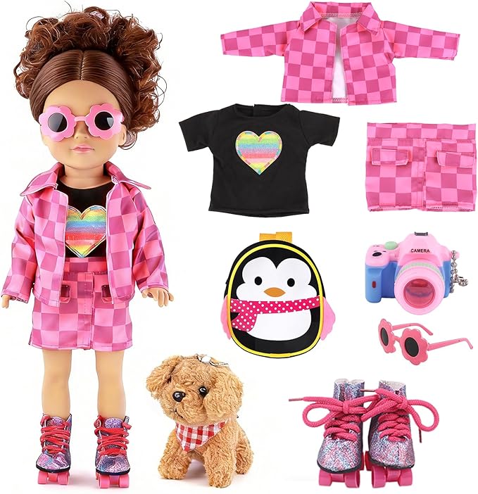 American 18 Inch Doll Clothes & Accessories Set – Includes Pink Plaid Coat, Heart T-Shirt, Skating Shoes, Pet Dog, Penguin Backpack, Camera, Glasses & More – Perfect for 18" Dolls (No Doll)