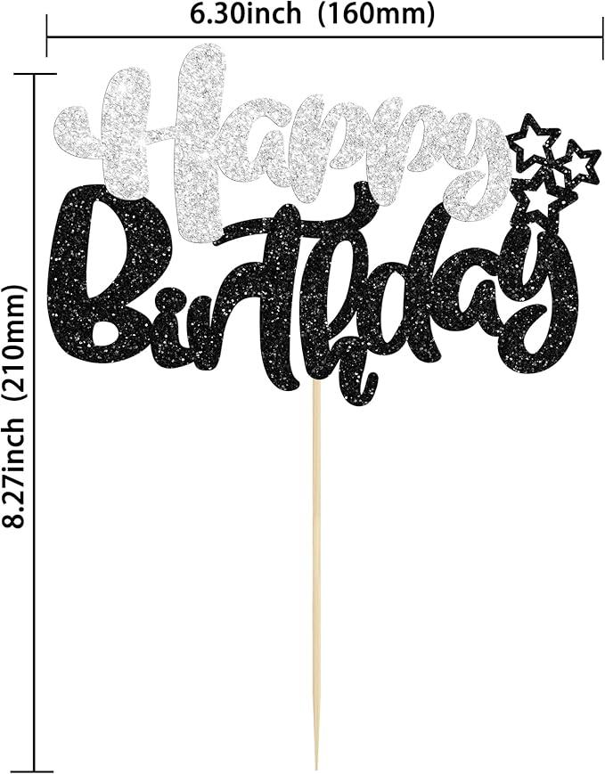 Ephlyn 1Pcs Happy Birthday Cake Topper Glitter Cake Pick for Celebrating Anniversary Theme Party Cake Decorations Supplies Black and Silver