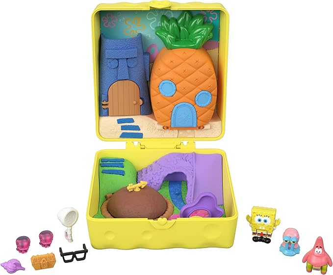 Polly Pocket x Spongebob Partnership Compact, Micro Spongebob & Patrick Dolls and Playset, 7 Accessories Including Pet Gary