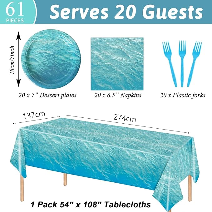 61 Pcs Ocean Sea Birthday Party Decorations Waves Themed Tableware Includes Blue Plates Napkins Forks Tablecloth Undersea Supplies for Hawaiian Summer Pool Beach Parties Baby Shower Serves 20 Guests