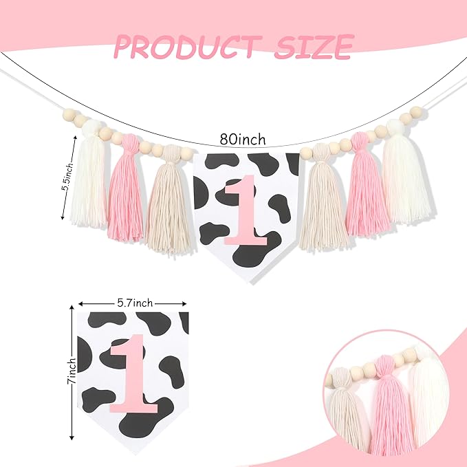 Holy Cow 1st Tassels Banner Birthday Decorations Girl - First Highchair Tassels Banner, High Chair Wood Beads Garland Party Supplies, Pink Black White, Photo Props, Handmade
