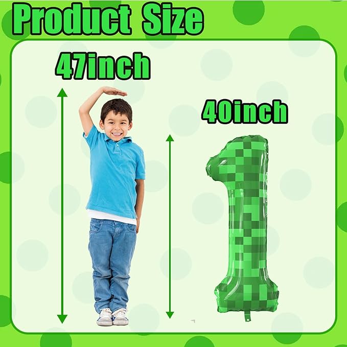 40 Inch Green Pixel Miner Theme Number Balloons Large Birthday Party Number Balloons Mining Gaming for Kids Birthday Party Decoration Supplies (Number 1)